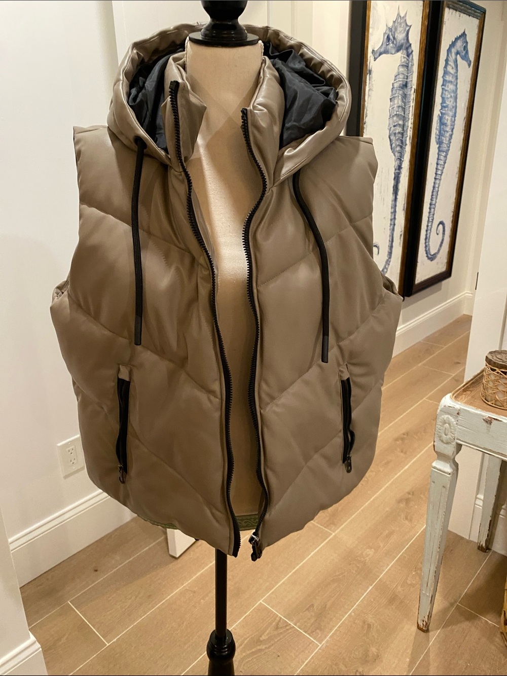 Zara Taupe Quilted Hooded Puffer Vest with Black Trim